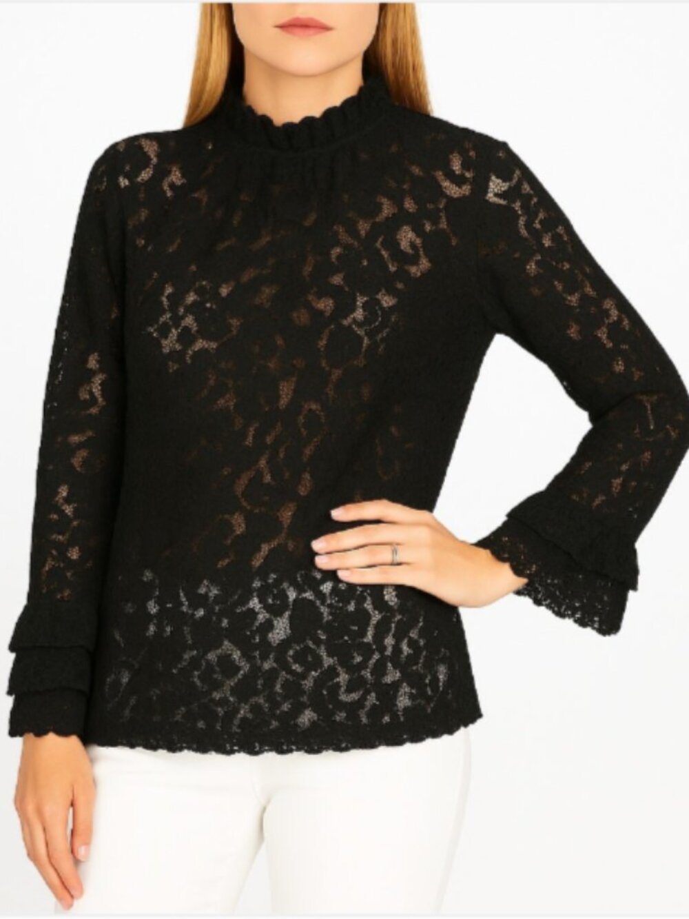 ZARA X-Small Sheer Black Lace Blouse Pullover Bell Sleeves 3 Tiered Lace Cuff - Picture 1 of 14